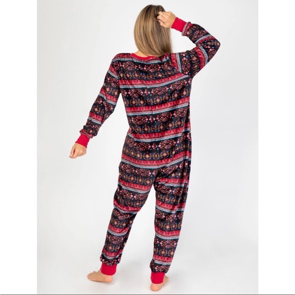 Natural Life Plush Fleece One Piece Pajamas Boho Print L/XL Cabincore Loungewear - Picture 2 of 13
